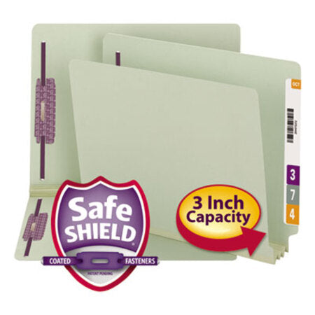 Smead™ End Tab Pressboard Classification Folders, Two SafeSHIELD Coated Fasteners, 3" Expansion, Letter Size, Gray-Green, 25/Box - Box of 1 - SMD-34725-BX