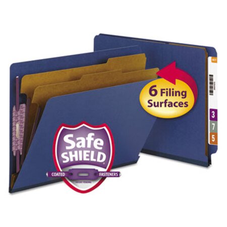 Smead™ End Tab Pressboard Classification Folders, Six SafeSHIELD Fasteners, 2" Expansion, 2 Dividers, Letter Size, Dark Blue, 10/Box - Box of 1 - SMD-26784-BX