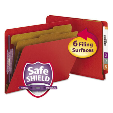 Smead™ End Tab Pressboard Classification Folders, Six SafeSHIELD Fasteners, 2" Expansion, 2 Dividers, Letter Size, Bright Red, 10/BX - Box of 1 - SMD-26783-BX