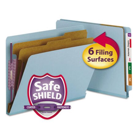 Smead™ End Tab Pressboard Classification Folders, Six SafeSHIELD Fasteners, 2" Expansion, 2 Dividers, Letter Size, Blue, 10/Box - Box of 1 - SMD-26781-BX