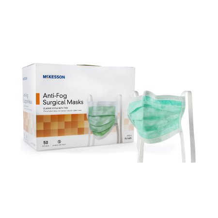 McKesson Surgical Mask McKesson Anti-fog Pleated Tie Closure One Size Fits Most Green NonSterile ASTM Level 1 Adult - Box of 50 - 91-1400-BX