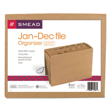 Smead™ Indexed Expanding Kraft Files, 12 Sections, Elastic Cord Closure, 1/12-Cut Tabs, Letter Size, Kraft - Each - SMD-70186-EA