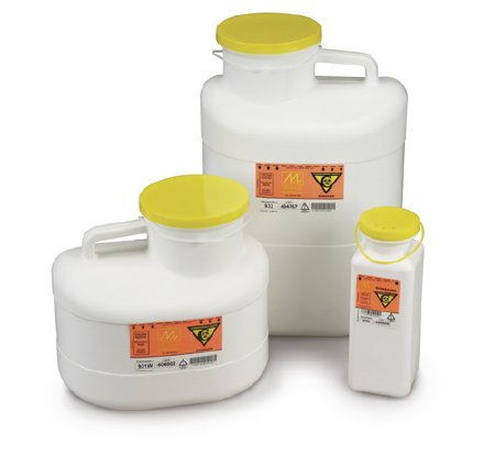 Medegen Medical Products LLC Chemotherapy Waste Container Chemo-Tainer™ White Base 10 H X 3-1/2 W X 3-1/2 D Inch Vertical Entry 0.425 Gallon - Each - 930-EA