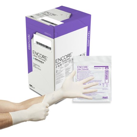 Ansell Surgical Glove ENCORE® Latex Textured Size 8 Sterile Latex Standard Cuff Length Fully Textured Ivory Chemo Tested - Box of 50 - 5785005-BX