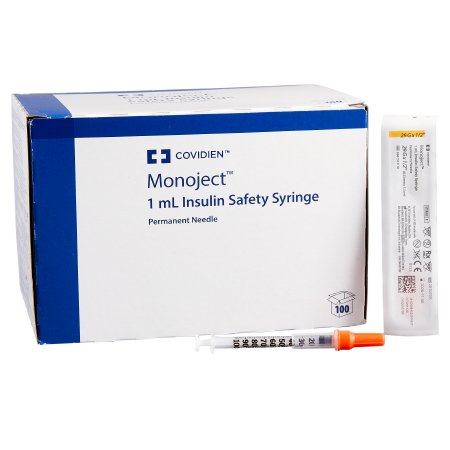 Cardinal Safety Insulin Syringe with Needle Monoject™ 1 mL 1/2 Inch 29 Gauge Sliding Safety Needle Regular Wall - Each - 8881511110-EA