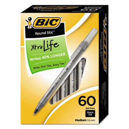 Bic® Round Stic Xtra Life Ballpoint Pen Value Pack, Stick, Medium 1 mm, Black Ink, Smoke Barrel, 60/Box - Box of 1 - BIC-GSM609BK-BX