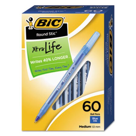 Bic® Round Stic Xtra Life Ballpoint Pen Value Pack, Stick, Medium 1 mm, Blue Ink, Translucent Blue Barrel, 60/Box - Box of 1 - BIC-GSM609BE-BX
