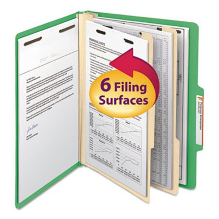 Smead™ Top Tab Classification Folders, Six SafeSHIELD Fasteners, 2" Expansion, 2 Dividers, Letter Size, Green Exterior, 10/Box - Box of 1 - SMD-14002-BX