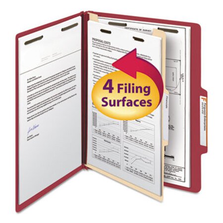 Smead™ Top Tab Classification Folders, Four SafeSHIELD Fasteners, 2" Expansion, 1 Divider, Letter Size, Red Exterior, 10/Box - Box of 1 - SMD-13703-BX