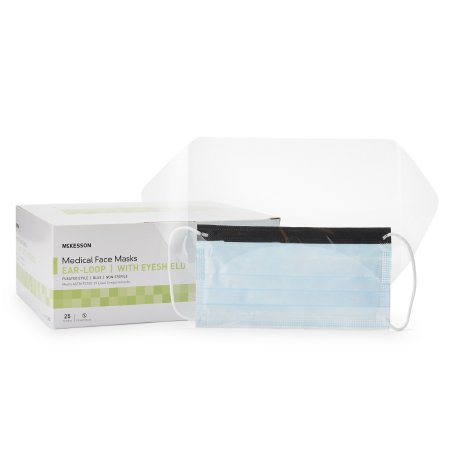 McKesson Procedure Mask with Eye Shield McKesson Anti-fog Pleated Earloops One Size Fits Most Blue NonSterile ASTM Level 3 Adult - Case of 100 - 91-2600-CS