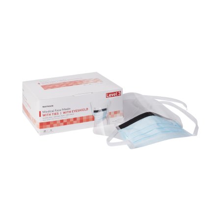 McKesson Surgical Mask with Eye Shield McKesson Anti-fog Pleated Tie Closure One Size Fits Most Blue NonSterile ASTM Level 3 Adult - Case of 100 - 91-1600-CS