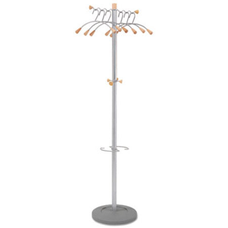 Alba™ Wavy Coat Tree, Six Hangers/Two Knobs/Four Hooks, 18.88w x 14d x 68.5h, Silver/Wood - Each - ABA-PMWAVE-EA