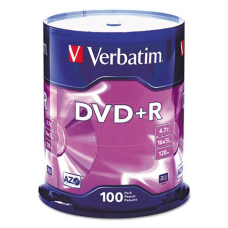 Verbatim® DVD+R Recordable Disc, 4.7 GB, 16x, Spindle, Silver, 100/Pack - Pack of 1 - VER-95098-PK