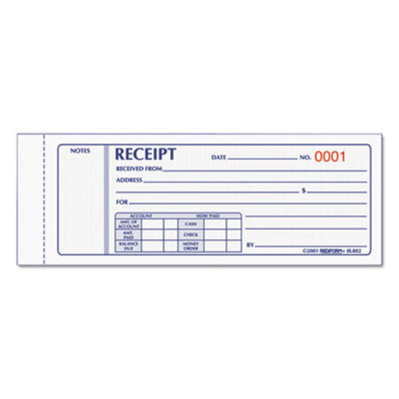 Rediform® Receipt Book, Three-Part Carbonless, 7 x 2.75, 4 Forms/Sheet, 50 Forms Total - Each - RED-8L802-EA