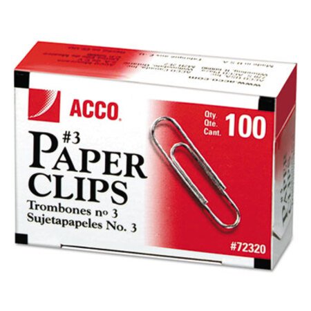 ACCO Paper Clips, #3, Smooth, Silver, 100 Clips/Box, 10 Boxes/Pack - Pack of 1 - ACC-72320-PK