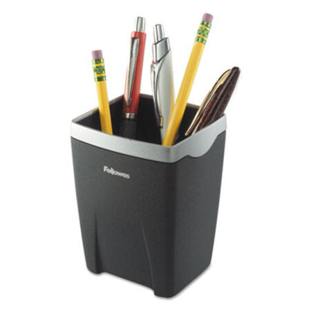 Fellowes® Office Suites Divided Pencil Cup, Plastic, 3.13 x 3.13 x 4.25, Black/Silver - Each - FEL-8032301-EA