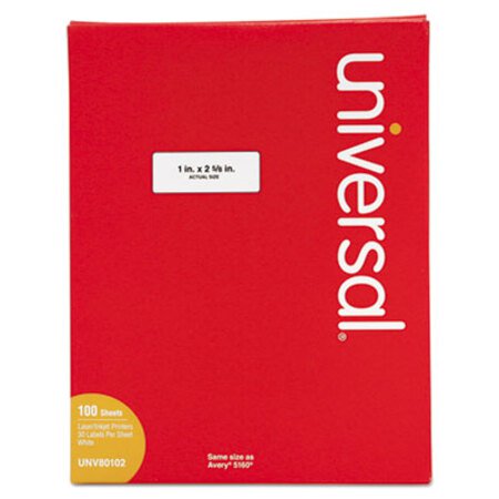 Universal® White Labels, Inkjet/Laser Printers, 1 x 2.63, White, 30/Sheet, 100 Sheets/Box - Box of 1 - UNV-80102-BX