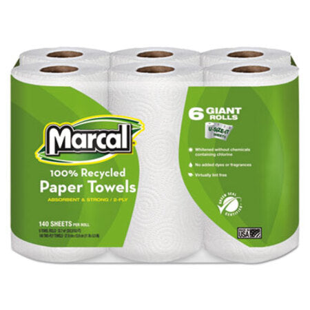 Marcal® 100% Premium Recycled Kitchen Roll Towels, 2-Ply, 11 x 5.5, White, 140/Roll, 6 Rolls/Pack - Pack of 1 - MRC-6181PK-PK