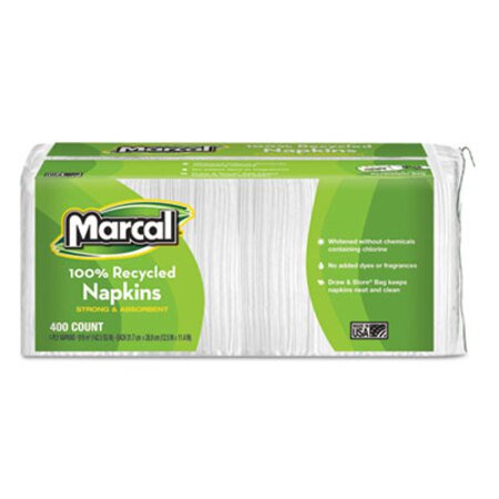 Marcal® 100% Recycled Lunch Napkins, 1-Ply, 11.4 x 12.5, White, 400/Pack - Pack of 1 - MRC-6506PK-PK