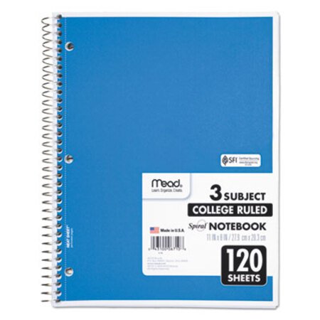 Mead® Spiral Notebook, 3-Subject, Medium/College Rule, Randomly Assorted Cover Color, (120) 11 x 8 Sheets - Each - MEA-06710-EA
