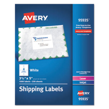 Avery® White Shipping Labels-Bulk Packs, Inkjet/Laser Printers, 3.5 x 5, White, 4/Sheet, 250 Sheets/Box - Box of 1 - AVE-95935-BX