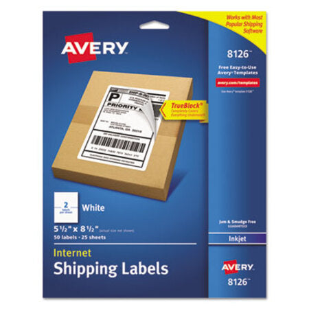 Avery® Shipping Labels w/ TrueBlock Technology, Inkjet Printers, 5.5 x 8.5, White, 2/Sheet, 25 Sheets/Pack - Pack of 1 - AVE-8126-PK