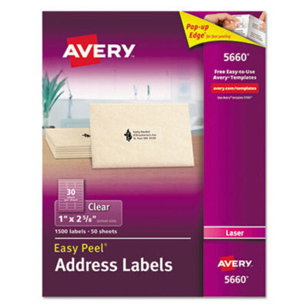 Avery® Matte Clear Easy Peel Mailing Labels w/ Sure Feed Technology, Laser Printers, 1 x 2.63, Clear, 30/Sheet, 50 Sheets/Box - Box of 1 - AVE-5660-BX