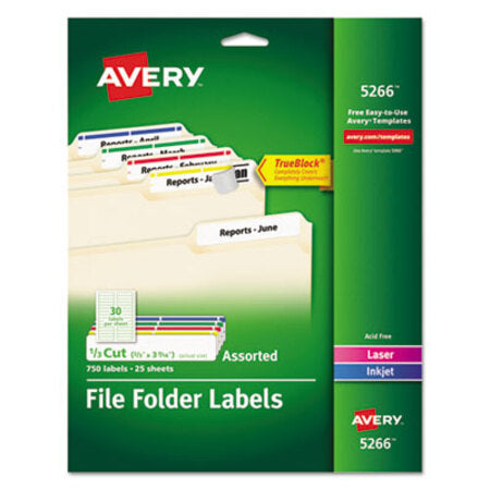 Avery® Permanent TrueBlock File Folder Labels with Sure Feed Technology, 0.66 x 3.44, White, 30/Sheet, 25 Sheets/Pack - Pack of 1 - AVE-5266-PK