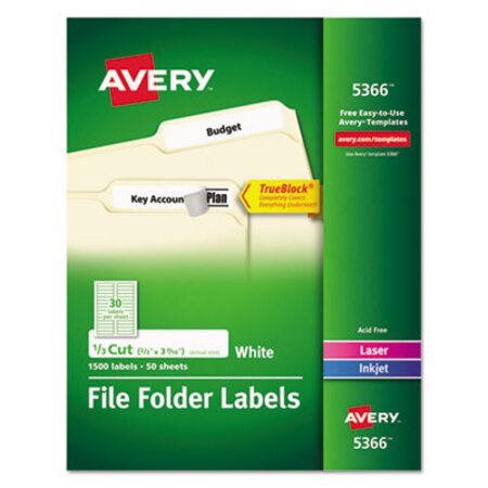 Avery® Permanent TrueBlock File Folder Labels with Sure Feed Technology, 0.66 x 3.44, White, 30/Sheet, 50 Sheets/Box - Box of 1 - AVE-5366-BX
