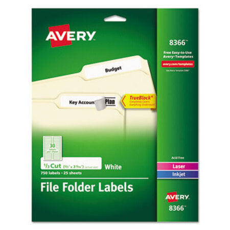 Avery® Permanent TrueBlock File Folder Labels with Sure Feed Technology, 0.66 x 3.44, White, 30/Sheet, 25 Sheets/Pack - Pack of 1 - AVE-8366-PK