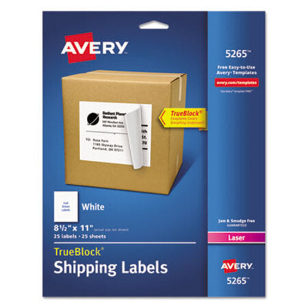 Avery® Shipping Labels with TrueBlock Technology, Laser Printers, 8.5 x 11, White, 25/Pack - Pack of 1 - AVE-5265-PK