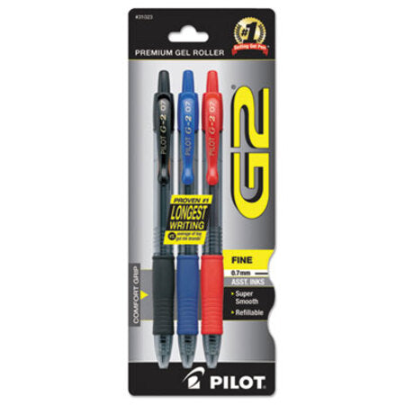 Pilot® G2 Premium Gel Pen, Retractable, Fine 0.7 mm, Assorted Ink Colors, Smoke Barrel, 3/Pack - Pack of 1 - PIL-31023-PK