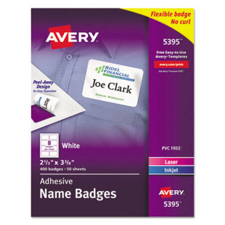 Avery® Flexible Adhesive Name Badge Labels, 3.38 x 2.33, White, 400/Box - Box of 1 - AVE-5395-BX