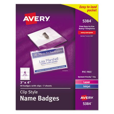 Avery® Clip-Style Name Badge Holder with Laser/Inkjet Insert, Top Load, 4 x 3, White, 40/Box - Box of 1 - AVE-5384-BX