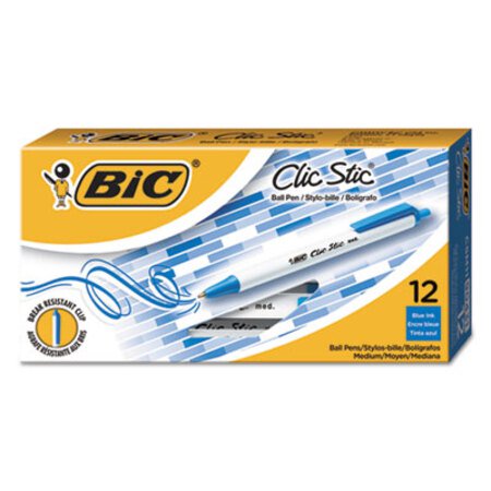 Bic® Clic Stic Ballpoint Pen, Retractable, Medium 1 mm, Blue Ink, White Barrel, Dozen - DZ/1 - BIC-CSM11BE-DZ