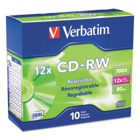 Verbatim® CD-RW High-Speed Rewritable Disc, 700 MB/80 min, 12x, Slim Jewel Case, Silver, 10/Pack - Pack of 1 - VER-95156-PK