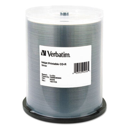 Verbatim® CD-R Printable Recordable Disc, 700 MB/80 min, 52x, Spindle, Silver, 100/Pack - Pack of 1 - VER-95256-PK