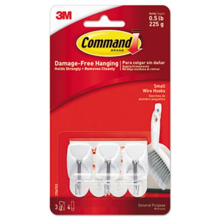 Command™ General Purpose Wire Hooks, Small, Metal, White, 0.5 lb Capacity, 3 Hooks and 4 Strips/Pack - Pack of 1 - MMM-17067ES-PK