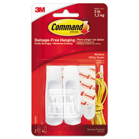 Command™ General Purpose Hooks, Medium, Plastic, White, 3 lb Capacity, 2 Hooks and 4 Strips/Pack - Pack of 1 - MMM-17001ES-PK