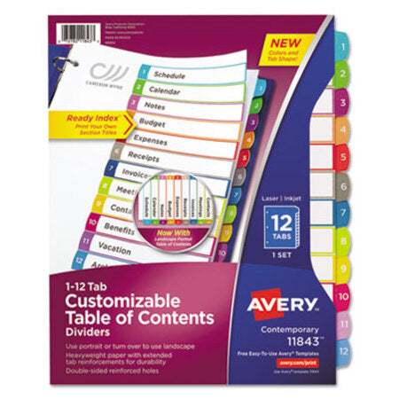 Avery® Customizable TOC Ready Index Multicolor Tab Dividers, 12-Tab, 1 to 12, 11 x 8.5, White, Contemporary Color Tabs, 1 Set - ST/1 - AVE-11843-ST