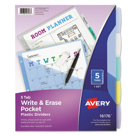 Avery® Write and Erase Durable Plastic Dividers with Slash Pocket, 3-Hold Punched, 5-Tab, 11.13 x 9.25, Assorted, 1 Set - ST/1 - AVE-16176-ST