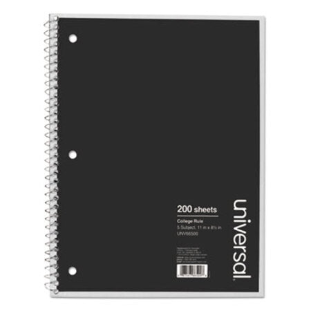 Universal® Wirebound Notebook, 5-Subject, Medium/College Rule, Black Cover, (200) 11 x 8.5 Sheets - Each - UNV-66500-EA