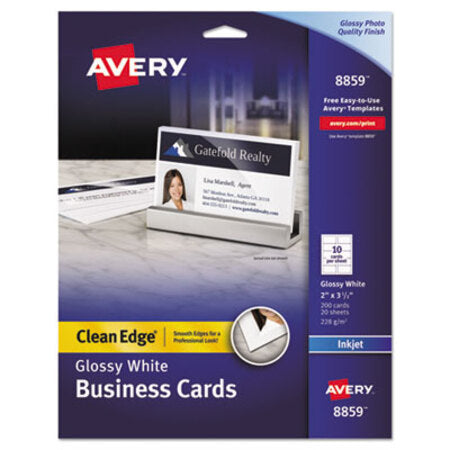Avery® True Print Clean Edge Business Cards, Inkjet, 2 x 3.5, Glossy White, 200 Cards, 10 Cards Sheet, 20 Sheets/Pack - Pack of 1 - AVE-8859-PK
