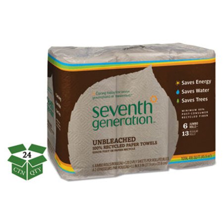Seventh Generation® Natural Unbleached 100% Recycled Paper Kitchen Towel Rolls, 2-Ply, 11 x 9, 120/Roll, 24 Rolls/Carton - CT/1 - SEV-13737-CT