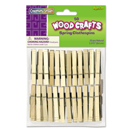 Creativity Street® Wood Spring Clothespins, 3.38" Length, Natural, 50/Pack - Pack of 1 - CKC-365801-PK