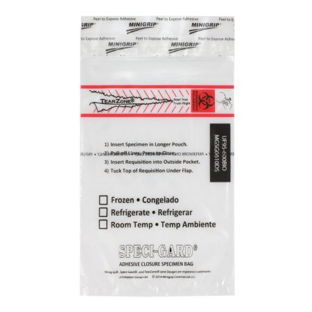 Minigrip Specimen Transport Bag with Document Pouch Speci-Gard® 6 X 10 Inch Adhesive Closure Biohazard Symbol / Storage Instructions NonSterile - Pack of 100 - UF95-600BIO-PK