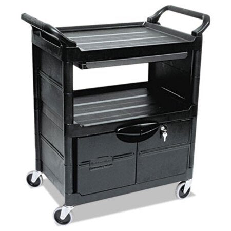Rubbermaid® Commercial Utility Cart with Locking Doors, Plastic, 3 Shelves, 200 lb Capacity, 33.63" x 18.63" x 37.75", Black - Each - RCP-345700BLA-EA