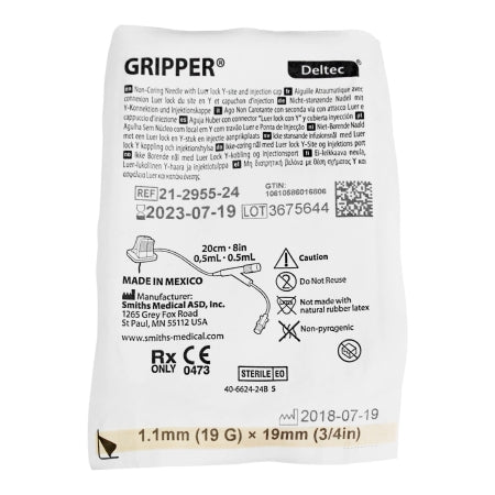 Smiths Medical ASD, Inc. Huber Infusion Set Gripper® 19 Gauge 3/4 Inch 8 Inch Tubing Needless Y-site - Box of 12 - 21-2955-24-BX