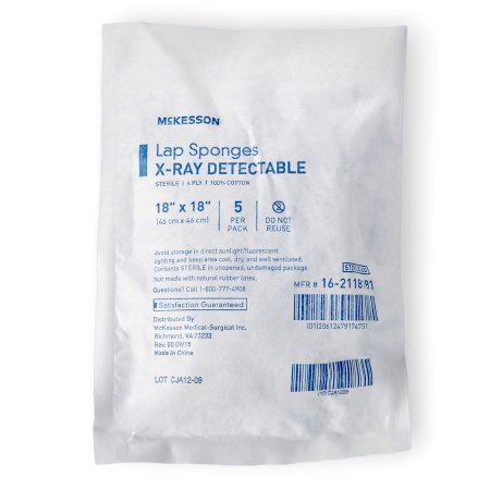 McKesson Surgical Laparotomy Sponge McKesson X-Ray Detectable Cotton 18 X 18 Inch 5 Count Soft Pack Sterile - Case of 40 - 16-2118181-CS