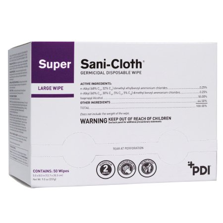 Professional Disposables Super Sani-Cloth® Surface Disinfectant Cleaner Premoistened Germicidal Manual Pull Wipe 50 Count Individual Packet Alcohol Scent NonSterile - Each - H04082-EA